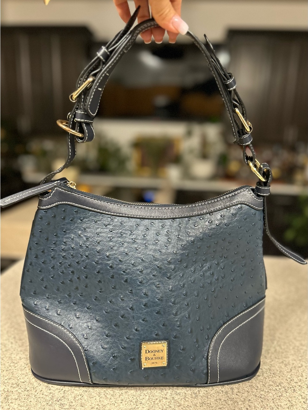Dooney & Bourke Navy Ostrich-Embossed Shoulder Hobo with Gold Hardware